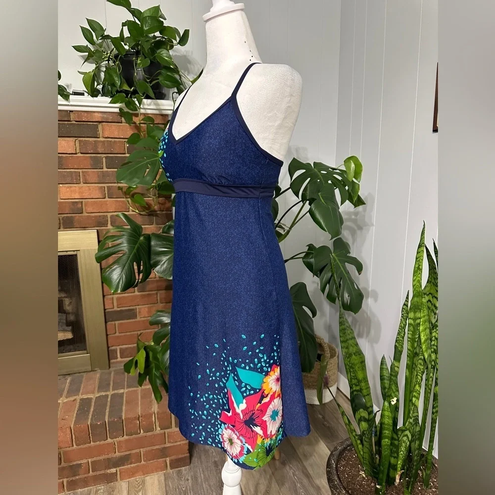 #4) Athleta navy blue with multi color floral dress with under bra size XS